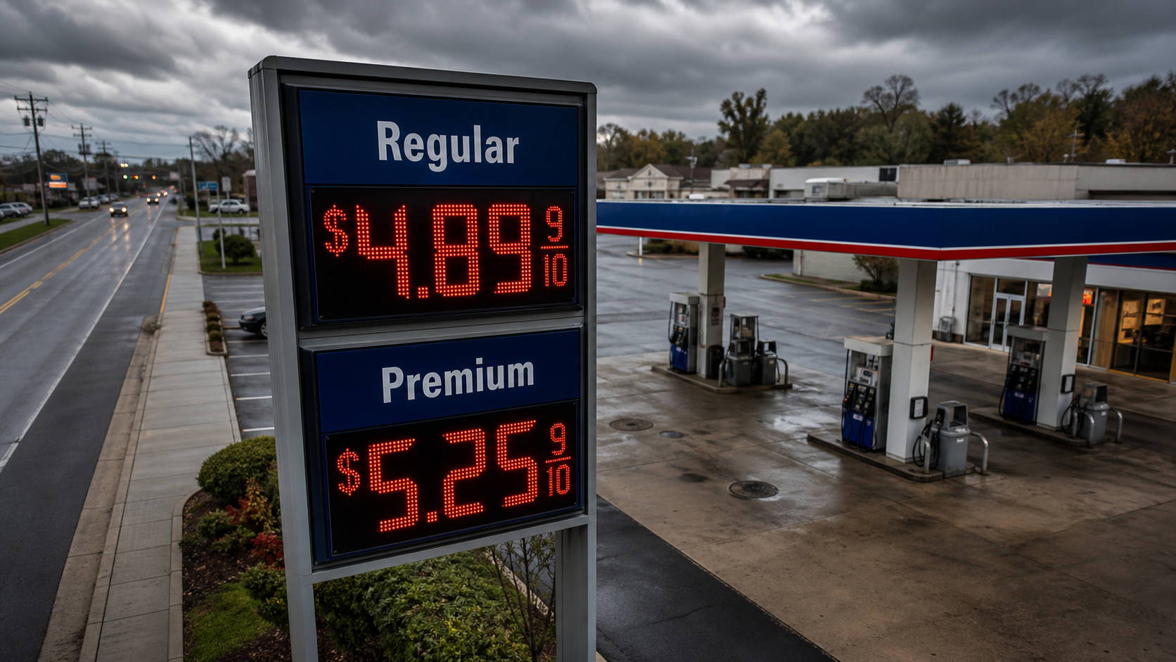 US gas station price sign showing high regular and premium gas prices