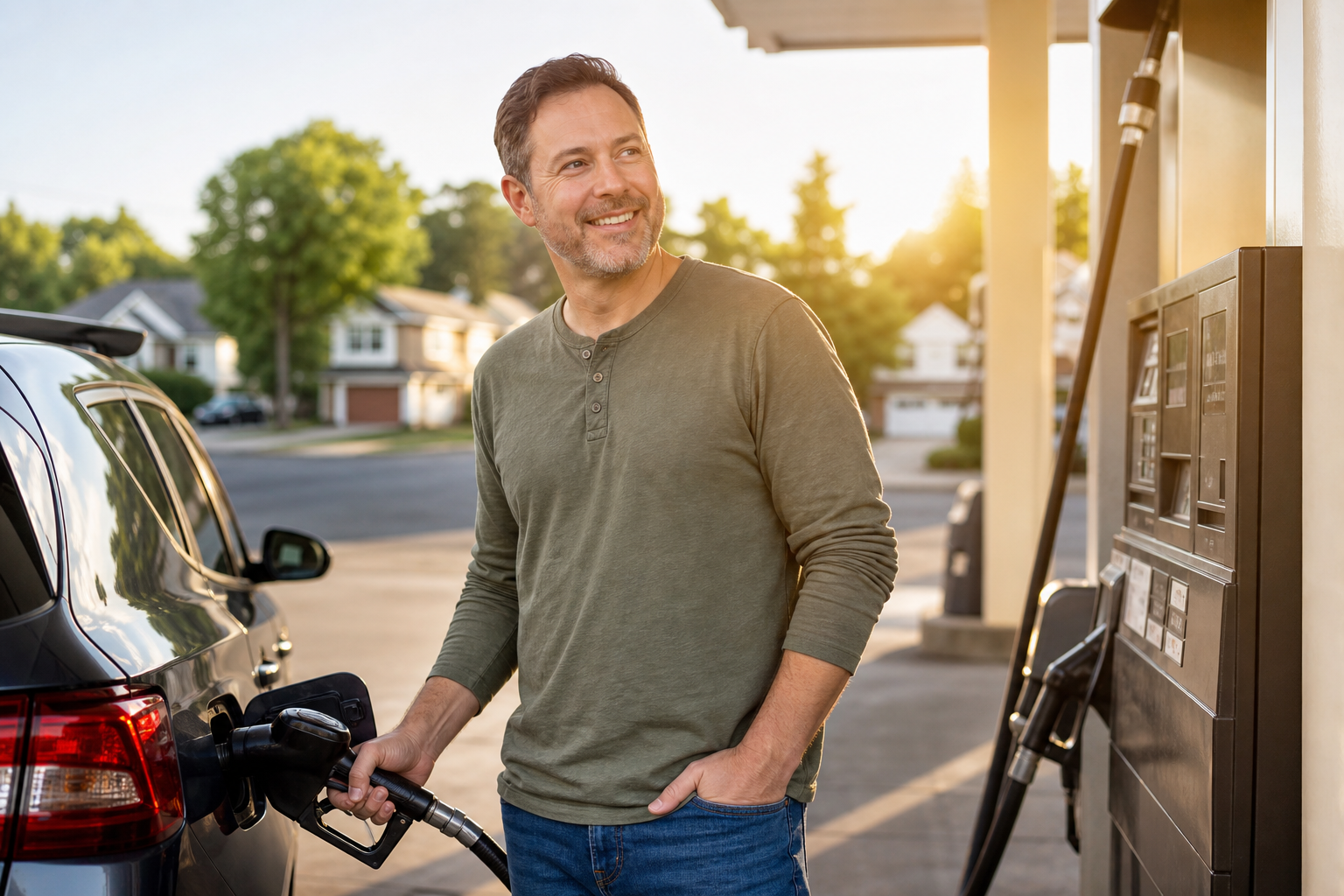 Relieved driver smiling while filling up at a suburban gas pump