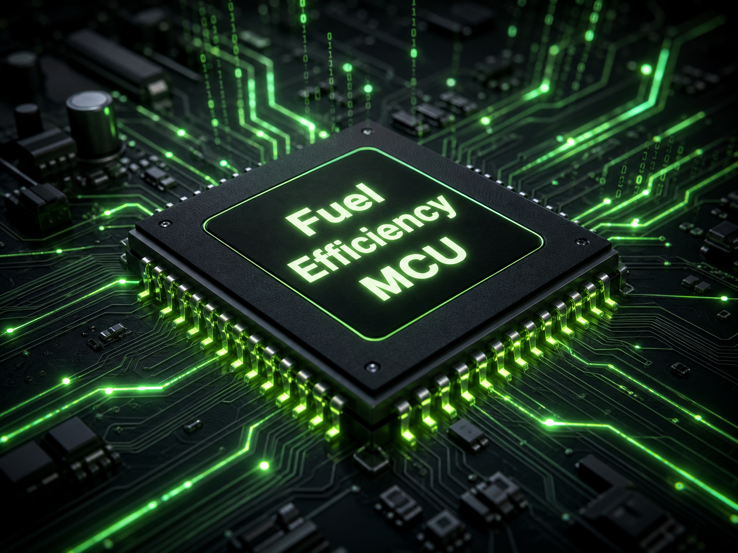 Fuel Efficiency MCU microchip with glowing green circuits